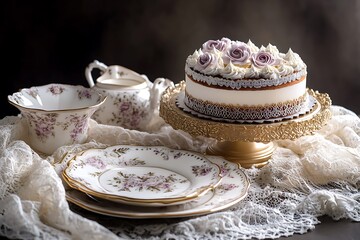 Wall Mural - Elegant Mother's Day soiree with a sophisticated opera cake and a set of fine bone china on a lace-draped table, exuding luxury and grace.