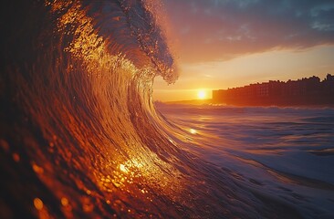Aufkleber - Golden Wave Crashing at Sunset Ocean View Coastal Beauty Power of Nature Landscape Seascape Tranquil Beach Vacation Beauty : Generative AI