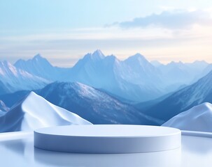 Poster - Vast Snowy Mountain Landscape with a Modern Circular Platform Against a Clear Blue Horizon : Generative AI