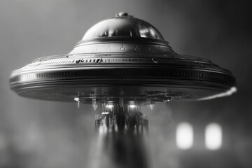 Aufkleber - Monochromatic 3D rendering of a classic UFO design, showcasing smooth metallic surfaces and intricate structural details against a soft, atmospheric background.