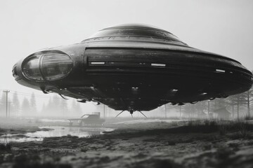 Poster - A large, dark UFO hovers ominously over a misty field with a vintage car, creating a scene of mystery, potential alien encounter, and retro science fiction atmosphere.