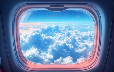 Aufkleber - Airplane window view capturing fluffy white clouds against a clear blue sky for travel adventure and peaceful journey : Generative AI