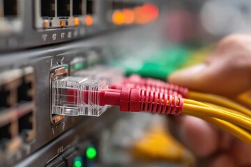 Poster - A close-up of a hand plugging in network cables into a server rack, highlighting the crucial role of connectivity and data infrastructure in modern communication.