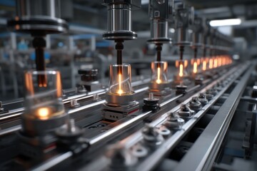 Poster - High-tech manufacturing process: automated production line with robotic arms assembling electronic components, showcasing industry 4.0 and future factory concepts.