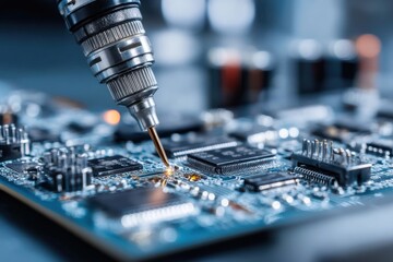 Poster - a close-up shot of a soldering iron touching a circuit board, illustrating electronic repair and the