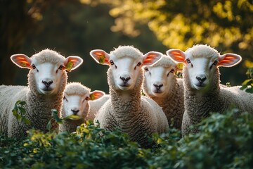 Poster - Flock of Cute White Sheep Gathering in Green Meadow Under Sunlight : Generative AI