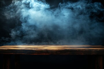 Aufkleber - Wooden Table with Smoke Background Dark and Moody Product Display Backdrop Empty Tabletop : Generative AI