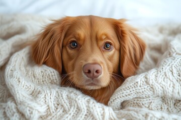 Fototapete - Cute Nova Scotia Duck Tolling Retriever Dog Portrait Snuggled in Cozy Knit Blanket : Generative AI
