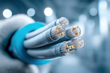 Poster - Close-up of a bundle of electrical wires, showcasing the copper conductors and modern technology, conveying connectivity and innovation, great for technology concepts.