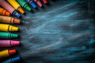 Poster - Creative Crayon Background with Colorful Wax Sticks on Dark Texture School and Art Supplies Vibrant Color Palette : Generative AI
