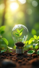 Poster - Light bulb with plant growing inside, eco concept. Green leaves, energy innovation. Sustainable environment, nature, ecology, renewable energy. Bright idea, growth, environmental protection.
