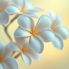 Poster - Elegant group of white plumeria blooms gracefully arranged capturing the essence of delicate beauty in soft tones : Generative AI
