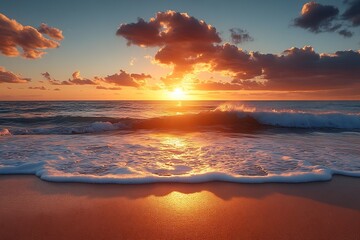 Poster - Golden Sunset Over Ocean Waves Beach Scenery with Vivid Colors Peaceful Evening Seascape Photography : Generative AI