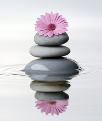 Fototapete - Zen Garden Still Life Pink Daisy on Stacked Stones in Water with Ripples and Reflection for Serenity and Calm : Generative AI