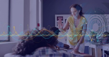 Poster - In school, teacher using animation to interact with students over sound waves