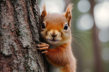 Poster - Cute Red Squirrel Climbing Tree Trunk with Curious Expression Wildlife Photography in Natural Habitat : Generative AI