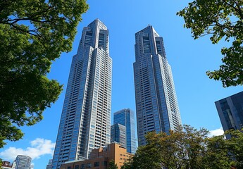 Aufkleber - Stunning Skyscrapers Reaching for the Bright Blue Sky in a Modern City Landscape : Generative AI