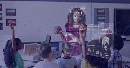 Poster - In school, teacher holding brain model with animated data processing for children