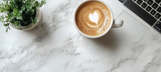 Leinwandbilder - Coffee with Heart Art on Marble Desk Next to Laptop and Plant for Morning Motivation and Workspace Concept : Generative AI