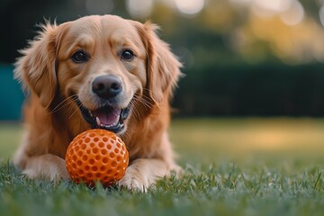 Poster - Adorable Golden Retriever Portrait Playing Outdoors with Orange Ball on Lush Green Grass in Summertime : Generative AI