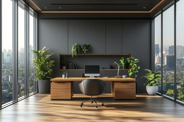 Poster - Modern Office Interior with Desk Chair Plants and City View Executive Workspace Design : Generative AI