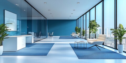 Aufkleber - Modern Office Interior with Blue Walls Glass Dividers and Plants Bright and Spacious Workspace for Business and Productivity : Generative AI