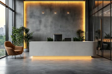Poster - Modern Office Reception Area with Concrete Wall Sleek Counter Potted Plants and Ambient Lighting Perfect for Business : Generative AI