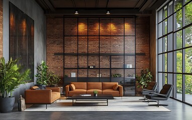Aufkleber - Modern Industrial Living Room Design with Brick Wall Large Windows and Brown Leather Furniture and Plants : Generative AI
