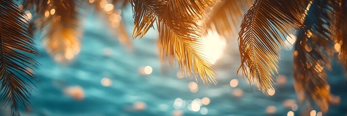 Poster - Tropical Paradise Palm Trees and Sparkling Ocean Water Background for Summer Vacation Travel and Relaxation Getaway : Generative AI