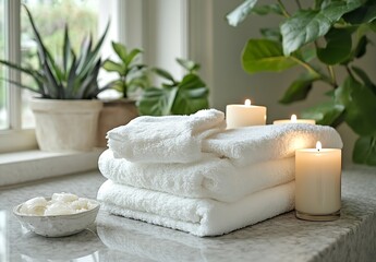 Poster - Fresh Clean White Towels and Candles for Spa or Bathroom Decor Plant and Soaps in the Background Bright Window Light : Generative AI