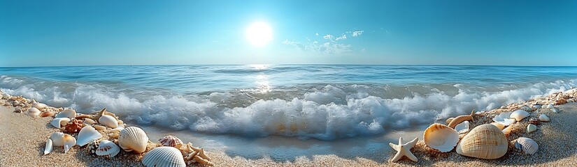Aufkleber - Serene Beach Scene with Seashells Gentle Waves and Sparkling Sun Perfect Summer Vacation Getaway Coastal Calm : Generative AI