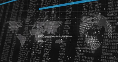 Poster - Digital world map and error codes over financial data processing animation