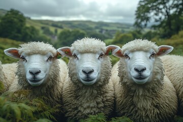 Poster - Close Up Portrait of Three Sheep in Lush Green Pasture Fluffy Wool and Serene Landscape in the Background : Generative AI