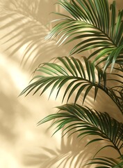 Fototapete - Tropical Palm Leaves and Shadows on Beige Wall Botanical Aesthetic Natural Sunlight Minimalist Interior Decor : Generative AI