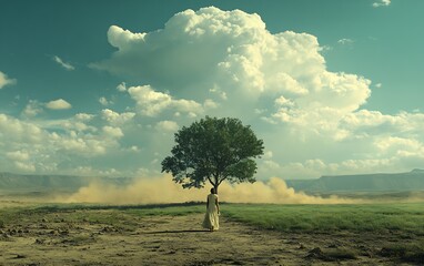 Poster - Eyecatching landscape with a lone tree amidst dry land and a distant mountain backdrop under vibrant clouds : Generative AI