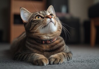 Poster - Adorable Tabby Cat Portrait with Intricate Details Captured in Natural Light Awaiting a Treat with a Cute Nose : Generative AI