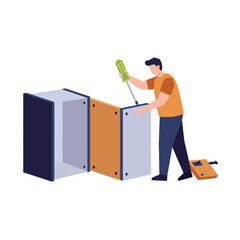 Poster - Person assembling furniture with screwdriver in flat vector art style