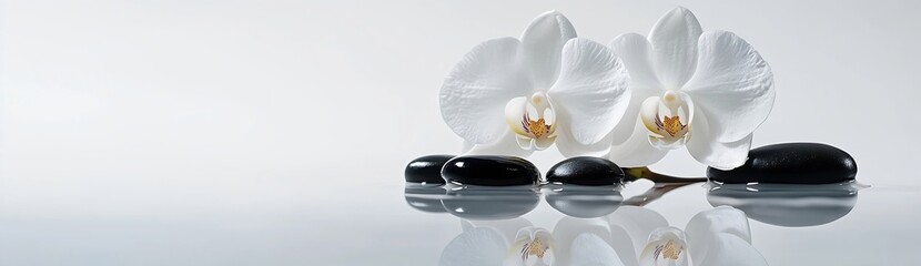 Aufkleber - Zen Still Life with White Orchid Flowers and Black Stones on Reflective Water Surface Harmony and Tranquility : Generative AI