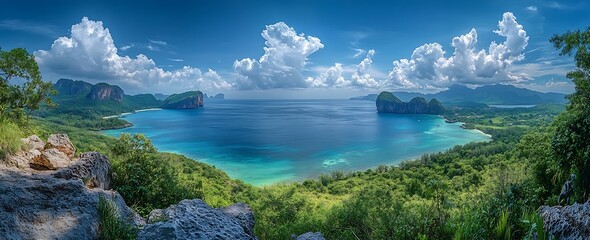 Aufkleber - Breathtaking Panorama of Phi Phi Islands Thailand Lush Greenery Turquoise Waters and Dramatic Clouds under a Bright Blue Sky : Generative AI