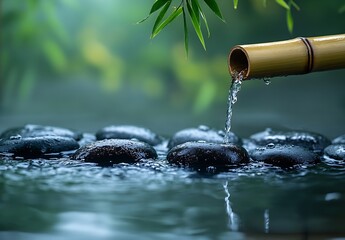 Poster - Zen Garden Still Life Bamboo Fountain Smooth Black Rocks Tranquil Water Flow Meditation and Relaxation : Generative AI