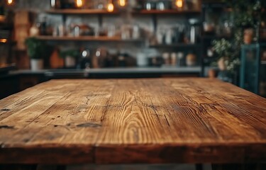Aufkleber - Rustic Wooden Table Top with Blurred Kitchen Background for Product Display Food Photography or Farmhouse Interior Design : Generative AI