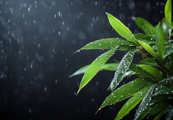 Poster - Raindrops glistening on bamboo leaves captured in a misty atmosphere enhancing the allure of nature : Generative AI
