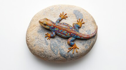 Aufkleber - Colorful lizard resting on textured rock with white background and drop shadow during peaceful mid-day light