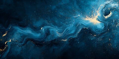 Fototapete - Dramatic Deep Blue Waves with Golden Specks Creating an Artistic Flow : Generative AI