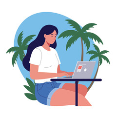 Poster - Woman working on laptop surrounded by palm trees in flat vector art