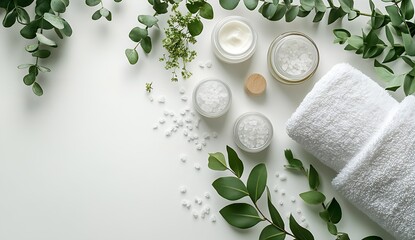 Poster - Serene Self Care Arrangement with Creams Salts and Fresh Eucalyptus for Ultimate Relaxation : Generative AI