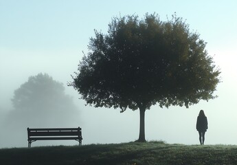 Poster - Silhouette of a Woman Standing Under a Tree with Fog and a Bench in the Background at Sunrise : Generative AI