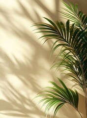 Poster - Palm fronds casting shadows on textured beige wall evoking tropical serene home decor and sun kissed light ambiance : Generative AI