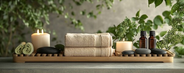 Poster - Spa Arrangement with Towels Candles Essential Oils Relaxing Ambiance Wellness Retreat Zen Concept : Generative AI