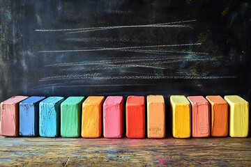 Aufkleber - Colorful Chalk Pastels On Wooden Desk Against Blackboard School Art Supply Back To School Concept Education And Creativity : Generative AI